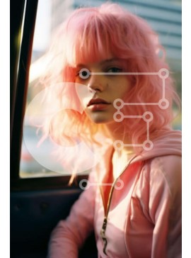 Intra Συλλεκτικό Ξύλινο Παζλ Plywood  4mm - Νεαρή γυναίκα με ροζ μαλλιά στο αυτοκίνητο Σε Ξύλινο Κουτί - Διαστάσεις Puzzle: 10x10 cm – 25 κομμάτια