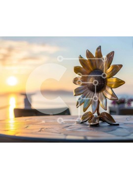 Intra Συλλεκτικό Ξύλινο Παζλ Plywood  4mm - Χρυσό γλυπτό ηλίανθου σε υπαίθριο τραπέζι στο ηλιοβασίλεμα Σε Ξύλινο Κουτί - Διαστάσεις: 10x10 cm – 25 κομμάτια