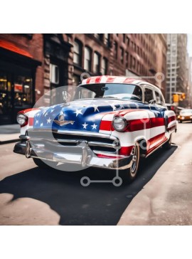 Intra Συλλεκτικό Ξύλινο Παζλ Plywood  4mm - Κλασικό αυτοκίνητο με αμερικανική σημαία που οδηγεί στην οδό της πόλης Σε Ξύλινο Κουτί - Διαστάσεις Puzzle: 10x10 cm – 25 κομμάτια