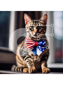 Intra Συλλεκτικό Ξύλινο Παζλ Plywood  4mm - Τιγρέ γάτα με παπιγιόν με αμερικανική σημαία Σε Ξύλινο Κουτί - Διαστάσεις: 10x10 cm – 25 κομμάτια