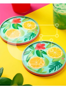 Σετ των 2 Intra Συλλεκτικό Ξύλινο Παζλ Plywood  4mm - Πολύχρωμα σουβέρ και λεμονάδα με θέμα τα εσπεριδοειδή Σε Ξύλινο Κουτί - Διαστάσεις: 10x10 cm – 25 κομμάτια