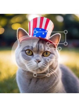 Intra Συλλεκτικό Ξύλινο Παζλ Plywood  4mm - Γκρίζα γάτα με καπέλο με θέμα την αμερικανική σημαία Σε Ξύλινο Κουτί - Διαστάσεις: 10x10 cm – 25 κομμάτια