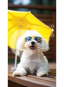 Intra Συλλεκτικό Ξύλινο Παζλ Plywood  4mm - Λευκό σκυλί κάτω από την κίτρινη ομπρέλα στο ξύλινο κατάστρωμα Σε Ξύλινο Κουτί - Διαστάσεις Puzzle: 10x10 cm – 25 κομμάτια