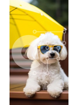 Intra Συλλεκτικό Ξύλινο Παζλ Plywood  4mm - Μικρό λευκό σκυλί με γυαλιά ηλίου κάτω από την ομπρέλα Σε Ξύλινο Κουτί - Διαστάσεις Puzzle: 10x10 cm – 25 κομμάτια