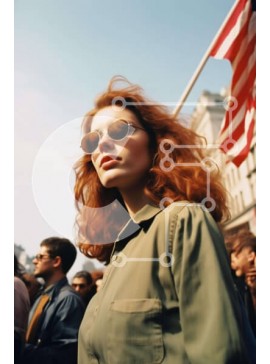 Intra Συλλεκτικό Ξύλινο Παζλ Plywood  4mm - Γυναίκα με κόκκινα μαλλιά μπροστά από την αμερικανική σημαία Σε Ξύλινο Κουτί - Διαστάσεις Puzzle: 10x10 cm – 25 κομμάτια