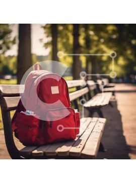 Intra Συλλεκτικό Ξύλινο Παζλ Plywood  4mm - Κόκκινο σακίδιο πλάτης στο πάρκο με μπουκάλια και κουτάκια Σε Ξύλινο Κουτί - Διαστάσεις Puzzle: 10x10 cm – 25 κομμάτια