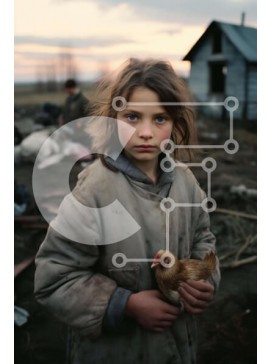 Intra Συλλεκτικό Ξύλινο Παζλ Plywood  4mm - Νεαρό κορίτσι με το κοτόπουλο μπροστά από το εγκαταλελειμμένο σπίτι Σε Ξύλινο Κουτί - Διαστάσεις Puzzle: 10x10 cm – 25 κομμάτια