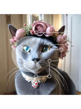 Intra Συλλεκτικό Ξύλινο Παζλ Plywood  4mm - Γκρι γάτα με κορώνα λουλουδιών και μαργαριτάρι κολιέ Σε Ξύλινο Κουτί - Διαστάσεις: 10x10 cm – 25 κομμάτια