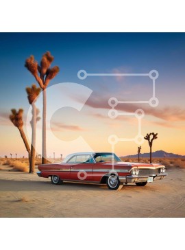 Intra Συλλεκτικό Ξύλινο Παζλ Plywood  4mm - Κλασικό κόκκινο αυτοκίνητο στην έρημο με τους φοίνικες Σε Ξύλινο Κουτί - Διαστάσεις Puzzle: 10x10 cm – 25 κομμάτια