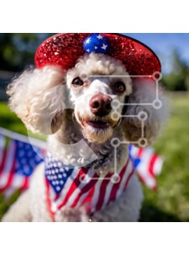 Intra Συλλεκτικό Ξύλινο Παζλ Plywood  4mm - Λευκό κανίς με καπέλο με θέμα την αμερικανική σημαία που κάθεται στο γρασίδι Σε Ξύλινο Κουτί - Διαστάσεις: 10x10 cm – 25 κομμάτια