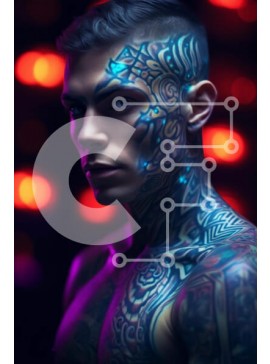 Intra Συλλεκτικό Ξύλινο Παζλ Plywood  4mm - Άνθρωπος με πολύχρωμα τατουάζ και φωτεινά φώτα Σε Ξύλινο Κουτί - Διαστάσεις Puzzle: 10x10 cm – 25 κομμάτια