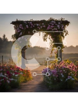 Intra Συλλεκτικό Ξύλινο Παζλ Plywood  4mm - Γαλήνιος κήπος λουλουδιών με αψίδα και ροζ λουλούδια Σε Ξύλινο Κουτί - Διαστάσεις: 10x10 cm – 25 κομμάτια