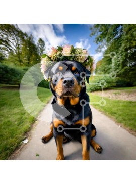 Intra Συλλεκτικό Ξύλινο Παζλ Plywood  4mm - Σκύλος με στέμμα λουλουδιών σε εξωτερικούς χώρους Σε Ξύλινο Κουτί - Διαστάσεις: 10x10 cm – 25 κομμάτια