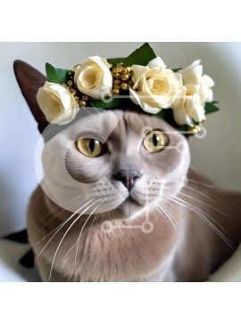 Intra Συλλεκτικό Ξύλινο Παζλ Plywood  4mm - Γκρίζα γάτα με λευκά λουλούδια στο κεφάλι Σε Ξύλινο Κουτί - Διαστάσεις: 10x10 cm – 25 κομμάτια