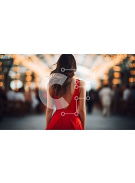 Intra Συλλεκτικό Ξύλινο Παζλ Plywood  4mm - Γυναίκα με κόκκινο φόρεμα που περπατά σε έναν γεμάτο διάδρομο Σε Ξύλινο Κουτί - Διαστάσεις Puzzle: 10x10 cm – 25 κομμάτια