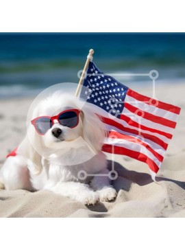 Intra Συλλεκτικό Ξύλινο Παζλ Plywood  4mm - Λευκό σκυλί με αμερικανική σημαία στην παραλία Σε Ξύλινο Κουτί - Διαστάσεις Puzzle: 10x10 cm – 25 κομμάτια