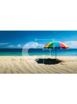 Intra Συλλεκτικό Ξύλινο Παζλ Plywood  4mm - Πολύχρωμη ομπρέλα στην αμμώδη παραλία δίπλα στον ωκεανό Σε Ξύλινο Κουτί - Διαστάσεις: 10x10 cm – 25 κομμάτια