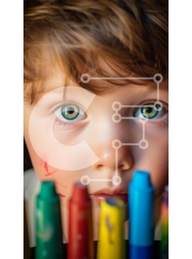 Intra Συλλεκτικό Ξύλινο Παζλ Plywood  4mm - Μικρό παιδί με λαμπερά πράσινα μάτια και πολύχρωμα κραγιόνια Σε Ξύλινο Κουτί - Διαστάσεις Puzzle: 10x10 cm – 25 κομμάτια