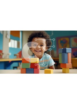 Intra Συλλεκτικό Ξύλινο Παζλ Plywood  4mm - Νεαρό αγόρι που παίζει με πολύχρωμα ξύλινα μπλοκ Σε Ξύλινο Κουτί - Διαστάσεις Puzzle: 10x10 cm – 25 κομμάτια