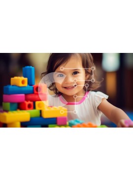 Intra Συλλεκτικό Ξύλινο Παζλ Plywood  4mm - Νεαρό κορίτσι που παίζει με πολύχρωμα δομικά στοιχεία Σε Ξύλινο Κουτί - Διαστάσεις Puzzle: 10x10 cm – 25 κομμάτια