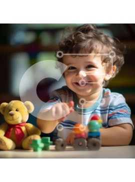 Intra Συλλεκτικό Ξύλινο Παζλ Plywood  4mm - Νεαρό αγόρι που παίζει με αρκουδάκια και ξύλινα παιχνίδια Σε Ξύλινο Κουτί - Διαστάσεις Puzzle: 10x10 cm – 25 κομμάτια