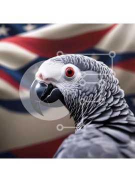 Intra Συλλεκτικό Ξύλινο Παζλ Plywood  4mm - Γκρίζος παπαγάλος μπροστά από την αμερικανική σημαία Σε Ξύλινο Κουτί - Διαστάσεις: 10x10 cm – 25 κομμάτια