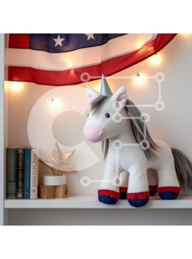 Intra Συλλεκτικό Ξύλινο Παζλ Plywood  4mm - Γεμιστός μονόκερος σε αμερικανική σημαία και ράφι Σε Ξύλινο Κουτί - Διαστάσεις Puzzle: 10x10 cm – 25 κομμάτια