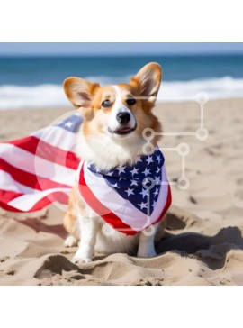 Intra Συλλεκτικό Ξύλινο Παζλ Plywood  4mm - Σκύλος Corgi στην παραλία με αμερικανική σημαία Bandana Σε Ξύλινο Κουτί - Διαστάσεις Puzzle: 10x10 cm – 25 κομμάτια