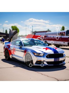 Intra Συλλεκτικό Ξύλινο Παζλ Plywood  4mm - Ασημί και λευκό Ford Mustang με κόκκινες, λευκές και μπλε ρίγες ανάμεσα σε οχήματα έκτακτης ανάγκης Σε Ξύλινο Κουτί - Διαστάσεις Puzzle: 10x10 cm – 25 κομμάτια