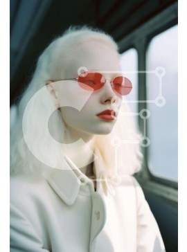 Intra Συλλεκτικό Ξύλινο Παζλ Plywood  4mm - Νεαρή γυναίκα στο τρένο με κόκκινα γυαλιά ηλίου και άσπρα μαλλιά Σε Ξύλινο Κουτί - Διαστάσεις Puzzle: 10x10 cm – 25 κομμάτια