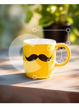 Intra Συλλεκτικό Ξύλινο Παζλ Plywood  4mm - Κίτρινη κούπα καφέ με σχέδιο μουστάκι σε τραπέζι εξωτερικού χώρου Σε Ξύλινο Κουτί - Διαστάσεις Puzzle: 10x10 cm – 25 κομμάτια