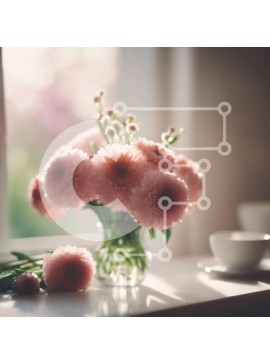 Intra Συλλεκτικό Ξύλινο Παζλ Plywood  4mm - Γυάλινο βάζο με ροζ λουλούδια και φλιτζάνια καφέ στο περβάζι Σε Ξύλινο Κουτί - Διαστάσεις Puzzle: 10x10 cm – 25 κομμάτια