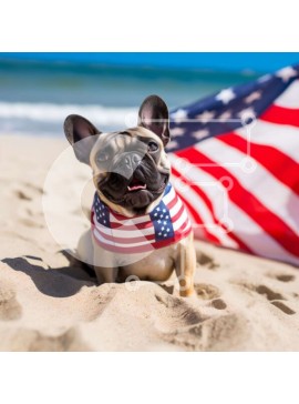 Intra Συλλεκτικό Ξύλινο Παζλ Plywood  4mm - Μικρό σκυλί με αμερικανική σημαία στην παραλία Σε Ξύλινο Κουτί - Διαστάσεις Puzzle: 10x10 cm – 25 κομμάτια