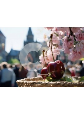 Σετ των 2 Intra Συλλεκτικό Ξύλινο Παζλ Plywood  4mm - Καλάθι με κεράσια και πλήθος ανθρώπων Σε Ξύλινο Κουτί - Διαστάσεις: 10x10 cm – 25 κομμάτια