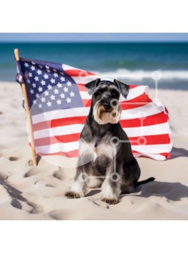 Intra Συλλεκτικό Ξύλινο Παζλ Plywood  4mm - Σκυλί Schnauzer στην παραλία με αμερικανική σημαία Σε Ξύλινο Κουτί - Διαστάσεις: 10x10 cm – 25 κομμάτια