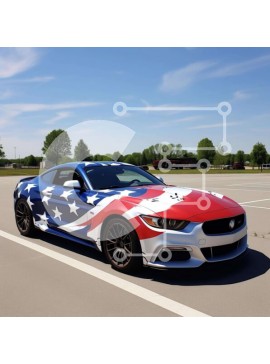 Intra Συλλεκτικό Ξύλινο Παζλ Plywood  4mm - Κόκκινο, λευκό και μπλε σπορ αυτοκίνητο με σχέδιο αμερικανικής σημαίας Σε Ξύλινο Κουτί - Διαστάσεις Puzzle: 10x10 cm – 25 κομμάτια