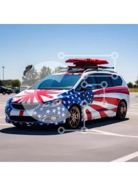 Intra Συλλεκτικό Ξύλινο Παζλ Plywood  4mm - Κόκκινο, λευκό και μπλε αυτοκίνητο με αμερικανική σημαία και σανίδα του σερφ Σε Ξύλινο Κουτί - Διαστάσεις Puzzle: 10x10 cm – 25 κομμάτια