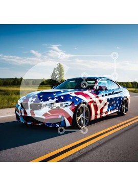 Intra Συλλεκτικό Ξύλινο Παζλ Plywood  4mm - Αυτοκίνητο BMW με αμερικανική σημαία που οδηγεί στο δρόμο Σε Ξύλινο Κουτί - Διαστάσεις Puzzle: 10x10 cm – 25 κομμάτια
