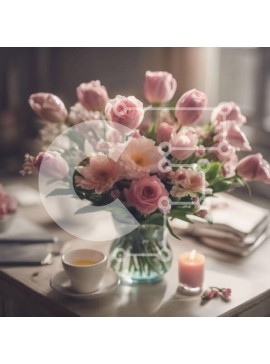 Σετ των 2 Intra Συλλεκτικό Ξύλινο Παζλ Plywood  4mm - Γυάλινο βάζο με ροζ τριαντάφυλλα και φλιτζάνια τσαγιού στο τραπέζι Σε Ξύλινο Κουτί - Διαστάσεις: 10x10 cm – 25 κομμάτια