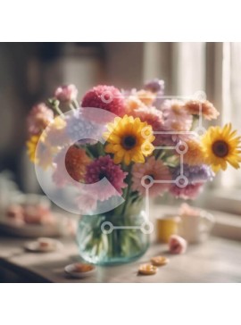 Intra Συλλεκτικό Ξύλινο Παζλ Plywood  4mm - Βάζο με πολύχρωμα λουλούδια σε τραπέζι από παράθυρο Σε Ξύλινο Κουτί - Διαστάσεις Puzzle: 10x10 cm – 25 κομμάτια