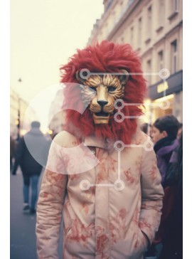 Intra Συλλεκτικό Ξύλινο Παζλ Plywood  4mm - Άνδρας με μάσκα λιονταριού που περπατά στην οδό Σε Ξύλινο Κουτί - Διαστάσεις Puzzle: 10x10 cm – 25 κομμάτια