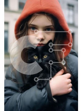 Intra Συλλεκτικό Ξύλινο Παζλ Plywood  4mm - Νεαρό κορίτσι με μαύρη γάτα με πορτοκαλί μπουφάν με κουκούλα Σε Ξύλινο Κουτί - Διαστάσεις Puzzle: 10x10 cm – 25 κομμάτια