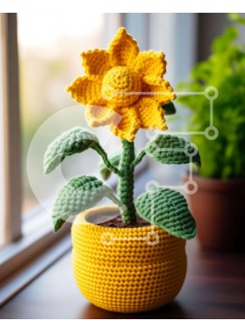 Intra Συλλεκτικό Ξύλινο Παζλ Plywood  4mm - Κροσέ ηλιοτρόπιο στο περβάζι παραθύρου Σε Ξύλινο Κουτί - Διαστάσεις: 10x10 cm – 25 κομμάτια