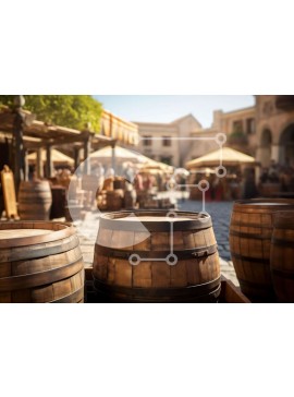 Intra Συλλεκτικό Ξύλινο Παζλ Plywood  4mm - Ξύλινα βαρέλια στοιβαγμένα στην Cobblestone Street Σε Ξύλινο Κουτί - Διαστάσεις Puzzle: 10x10 cm – 25 κομμάτια