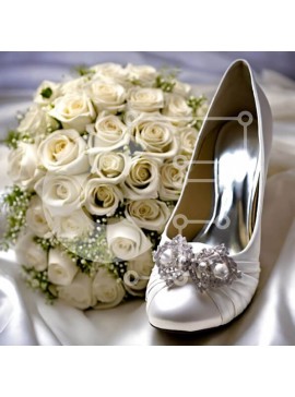 Σετ των 2 Intra Συλλεκτικό Ξύλινο Παζλ Plywood  4mm - Λευκά Νυφικά Παπούτσια με Μπουκέτο Τριαντάφυλλα και Πέρλες Σε Ξύλινο Κουτί - Διαστάσεις: 10x10 cm – 25 κομμάτια