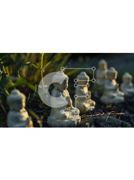 Intra Συλλεκτικό Ξύλινο Παζλ Plywood  4mm - Ομάδα λευκών αγαλμάτων του Βούδα ανάμεσα σε φυτά και γρασίδι Σε Ξύλινο Κουτί - Διαστάσεις Puzzle: 10x10 cm – 25 κομμάτια