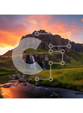 Intra Συλλεκτικό Ξύλινο Παζλ Plywood  4mm - Βουνό, καταρράκτης και ρεύμα στο ηλιοβασίλεμα Σε Ξύλινο Κουτί - Διαστάσεις: 10x10 cm – 25 κομμάτια