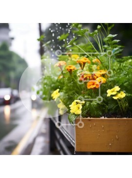 Intra Συλλεκτικό Ξύλινο Παζλ Plywood  4mm - Πολύχρωμα λουλούδια σε ξύλινη ζαρντινιέρα τη βροχερή ημέρα Σε Ξύλινο Κουτί - Διαστάσεις: 10x10 cm – 25 κομμάτια