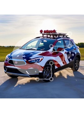 Intra Συλλεκτικό Ξύλινο Παζλ Plywood  4mm - Κόκκινο, λευκό και μπλε αυτοκίνητο με αμερικανική σημαία στη στέγη Σε Ξύλινο Κουτί - Διαστάσεις Puzzle: 10x10 cm – 25 κομμάτια