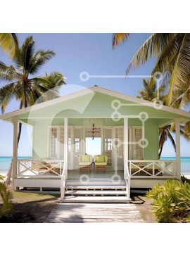 Intra Συλλεκτικό Ξύλινο Παζλ Plywood  4mm - Πράσινο σπίτι στην παραλία με τους φοίνικες Σε Ξύλινο Κουτί - Διαστάσεις: 10x10 cm – 25 κομμάτια